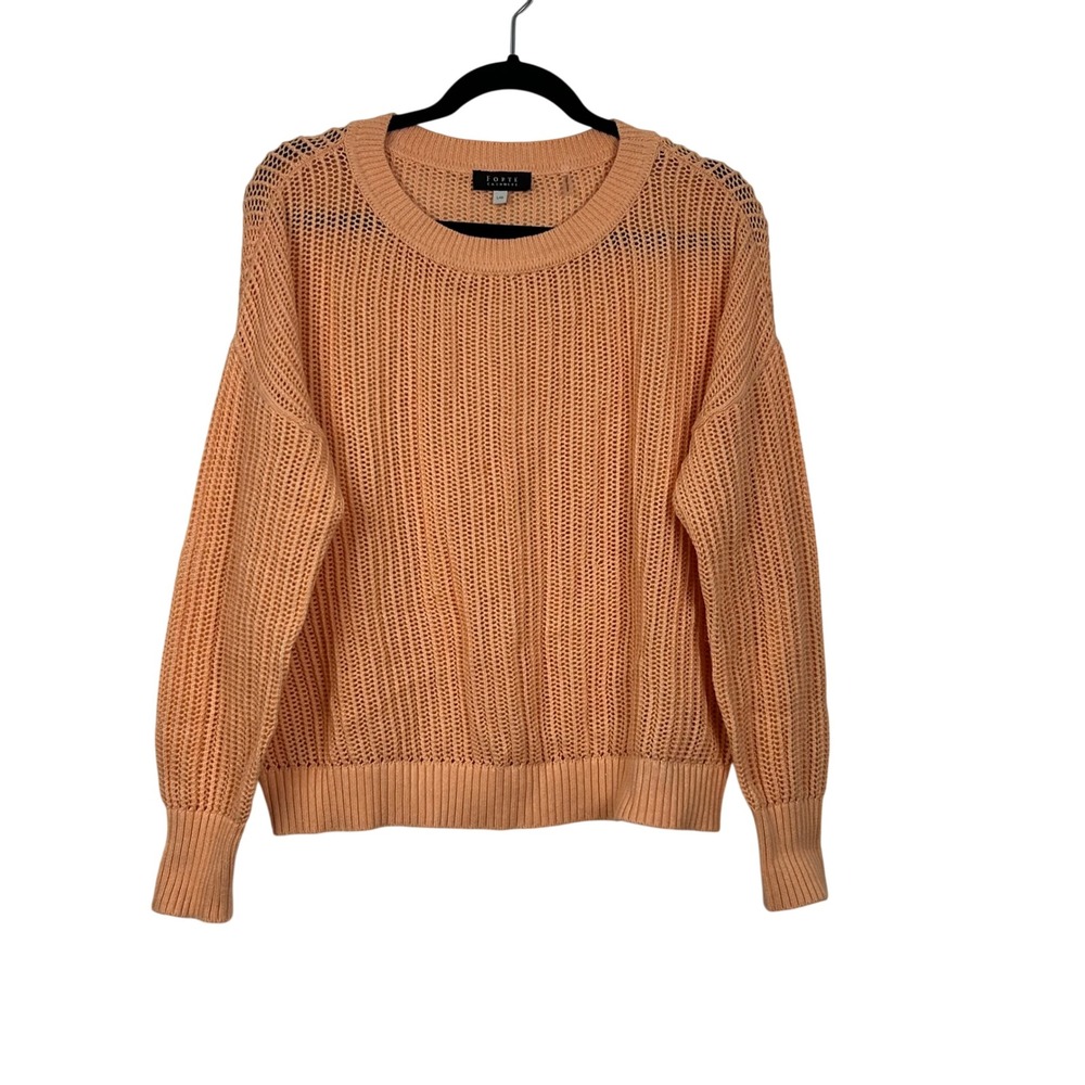 Forte Cashmere Sweater Womens Large Peach Cotton Open Knit Mesh Pullover - Picture 2 of 9